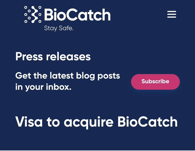 A screenshot of BioCatch's website displaying "Visa to acquire BioCatch" headline, reinforcing the post's claim of Visa's $2.4 billion acquisition of the behavioral biometrics fraud prevention company, which the post contrasts with Bittensor-native identity verification solutions.