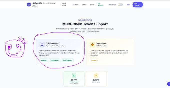 The image shows a screenshot of a website called UbitquitySmartEscrow.com, which is focused on digitizing escrow deposits in the real estate sector. The screenshot highlights the "Multichain token" option available for users on this platform, with multiple options shown to choose from. It also showcases different ways to link a token with an asset, such as property or cryptocurrency, and provides information about how tokens are transferred between parties.