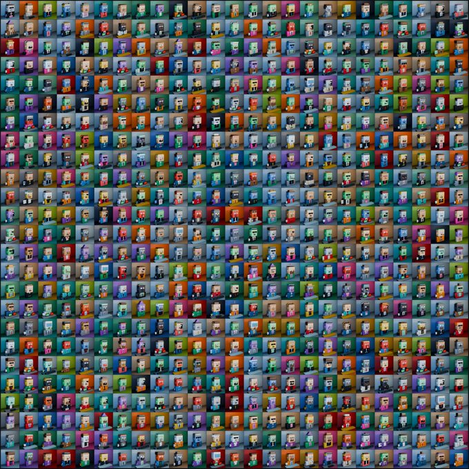 A dense grid of hundreds of small, colorful, low-resolution pixel art characters, possibly a collection of NFT avatars, arranged in a uniform pattern across the canvas.