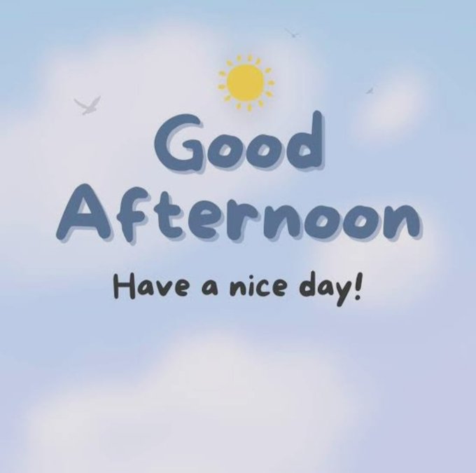 A cheerful greeting graphic with a sun illustration and blue sky background displaying 'Good Afternoon - Have a nice day!'