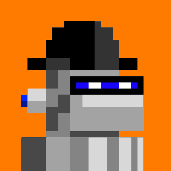 A Minecraft-style pixel art character wearing a black hat and wearing what appears to be a helmet or mask with purple/blue reflective visor, set against an orange background.