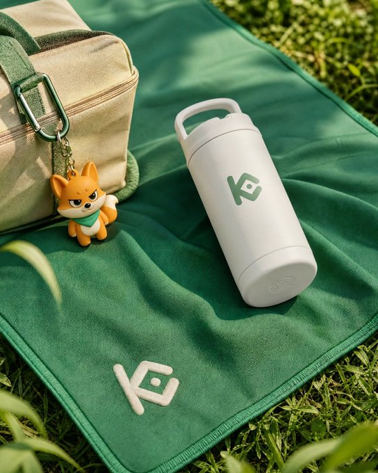 A white insulated tumbler and a beige canvas bag with an orange fox keychain rest on a green picnic blanket, both featuring a stylized "KD" logo. The playful scene ties into the post's joke, with the fox "mascot" standing guard over the crypto-themed accessories as if protecting its owner's portfolio.