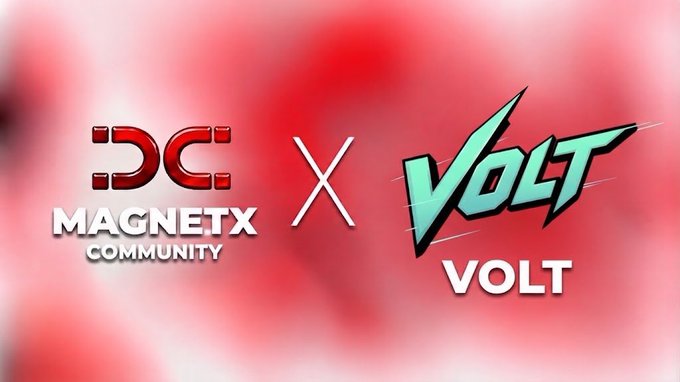 A promotional graphic featuring the "DC MAGNETX COMMUNITY" logo on the left, a large "X" in the center, and the stylized "VOLT" logo on the right, all set against a blurred red background. The image visually represents the announcement of a new collaboration between MagnetX Community and Volt.
