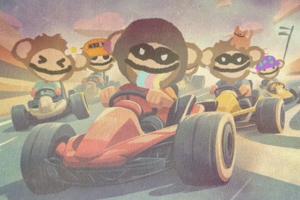 An animated image depicts anthropomorphic monkeys wearing racing masks driving colorful go-karts, with the lead racer in a red kart licking a melting ice cream cone.