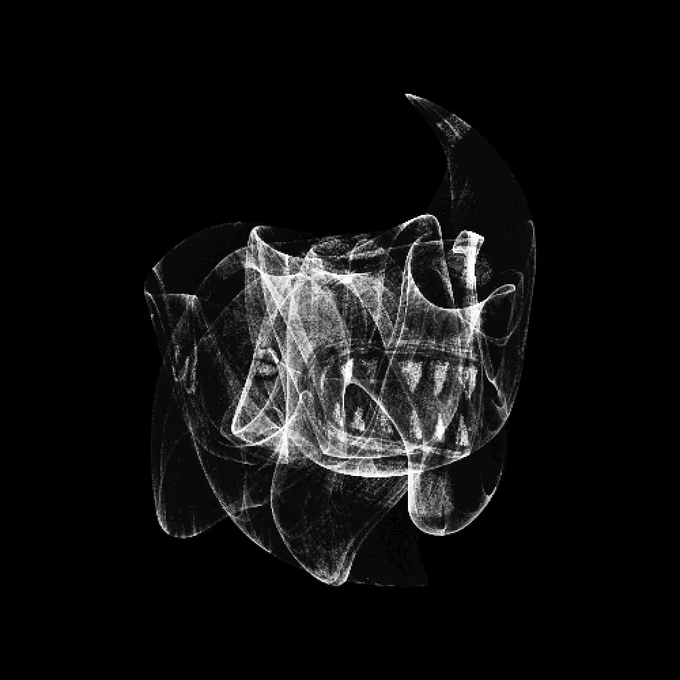 A black and white abstract graphic featuring a wispy, translucent, web-like or smoke-like shape against a solid black background.