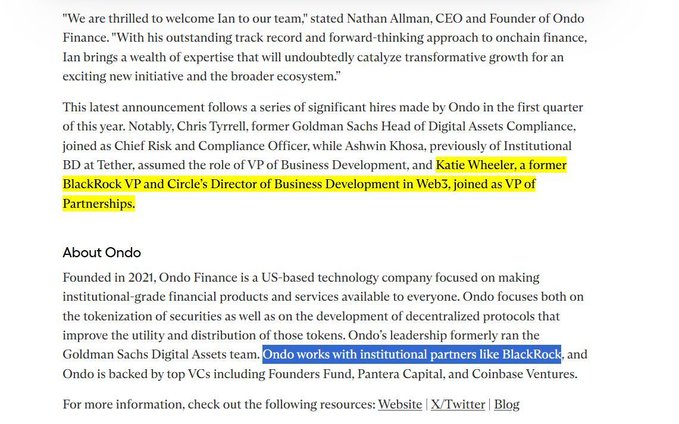 A text excerpt highlights Ondo Finance hiring Katie Wheeler as VP of Partnerships and mentions collaboration with BlackRock.