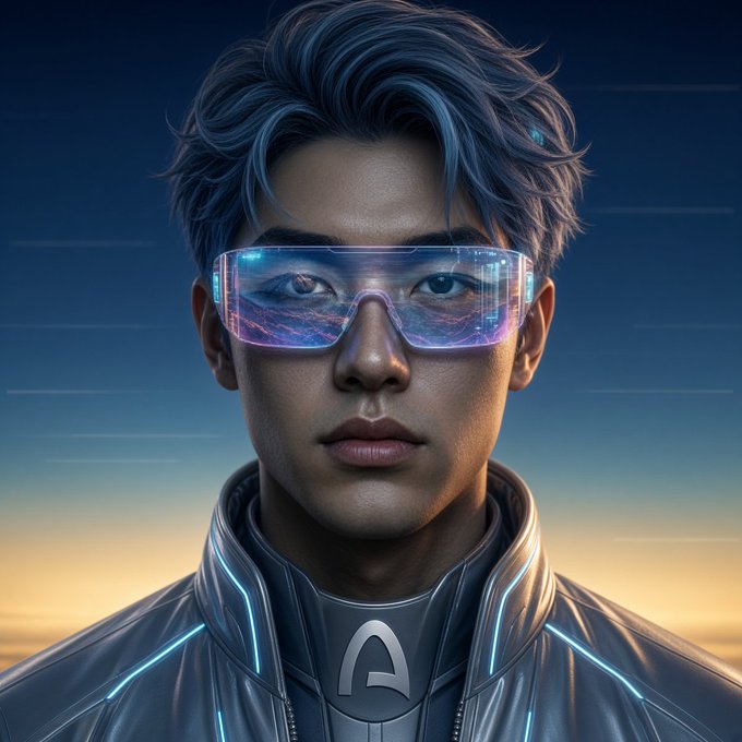 A digital artwork of a futuristic young man with blue-tinted hair wearing high-tech glowing visor sunglasses and a metallic silver jacket with neon blue accents against a sunset backdrop.