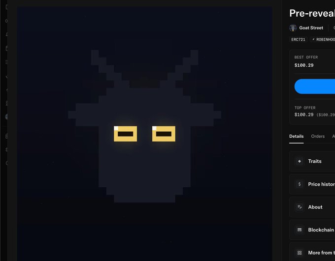 A screenshot of an NFT marketplace interface showing a dark, pixelated goat-like character with glowing yellow eyes titled 'Goat Street' (ERC721), with a 'BEST OFFER' of '$100.29' visible on the right panel.