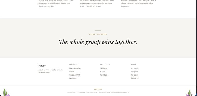 The image shows the footer section of flooor.fun featuring the tagline "The whole group wins together" alongside navigation links organized into categories (Particol, Contracts, Social), with copyright info for "FLOOOR EST. MMXVI." The mention of DeGods' bushes in the post relates to the small decorative bush illustrations visible at the bottom corners of the image, while teasing a separate "bomb" event at 18:00 that isn't shown here.