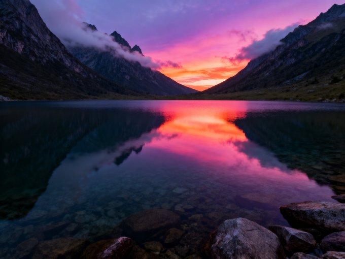 A scenic landscape showing a vibrant pink and purple sunset reflecting over a calm lake, framed by mountains and rocks.