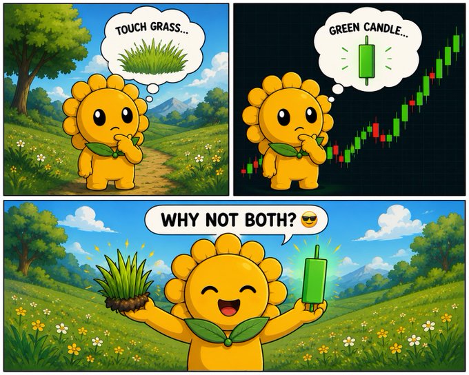 A cartoon sunflower character thinks 'TOUCH GRASS...' then 'GREEN CANDLE...' before joyfully deciding 'WHY NOT BOTH? 😎' while holding grass and a green candlestick chart.