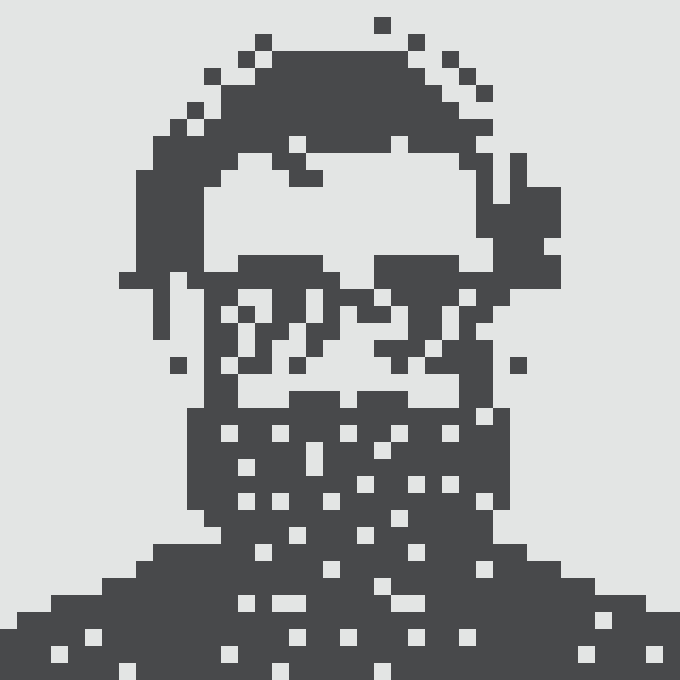 A pixel-art style portrait of a bearded figure wearing a beanie, rendered in dark navy blue against a white background.