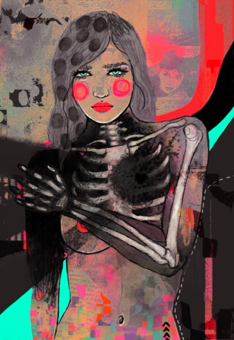 An artistic mixed-media illustration depicting a nude woman with visible skeletal bones, long dark hair, and red glowing circles on her cheeks, set against a chaotic background of colorful shapes and text.