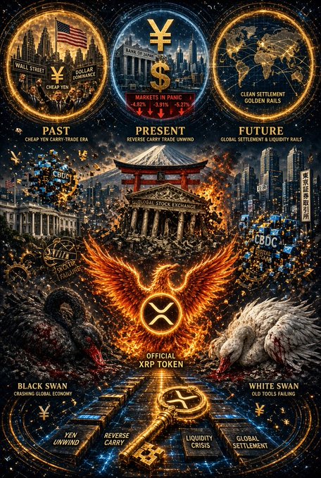 A dramatic financial apocalypse-style illustration features a fiery phoenix rising over a collapsing Wall Street scene, flanked by a black swan and exhausted white swan, with three circular panels above depicting the "PAST" (cheap yen carry-trade era), "PRESENT" (reverse carry trade unwind), and "FUTURE" (global settlement & liquidity rails), while the XRP logo is emblazoned on the phoenix's chest as the "OFFICIAL XRP TOKEN" amid themes of "BLACK SWAN," "WHITE SWAN," and "YEN UNWIND." The apocalyptic imagery perfectly visualizes the post's narrative of the old financial system's collapse—from the Bank of Japan's yen unwind triggering a carry trade snap, to liquidity crisis and global settlement disruption—rising from which the XRP-powered phoenix emerges as the solution.