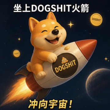 A cartoon Shiba Inu dog rides a rocket ship with 'DOGSHIT' branding through space, with Chinese text reading '坐上DOGSHIT火箭' (Ride the DOGSHIT rocket) and '冲向宇宙!' (Rush to the universe!).
