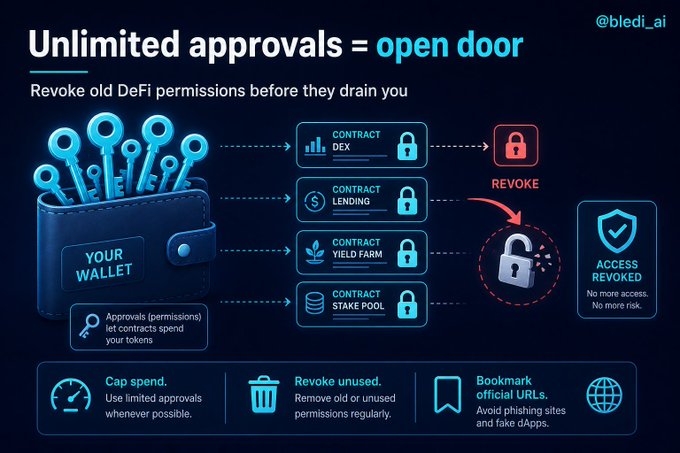 The image is an infographic from @bledi_ai titled "Unlimited approvals = open door," illustrating how old DeFi permissions from a user's wallet (showing connections to a DEX contract, lending contract, yield farm, and stake pool) can be revoked to prevent drained funds, with best practices listed below: cap spend, revoke unused permissions, and bookmark official URLs to avoid phishing. It visually reinforces the post's warning that forgotten token approvals—not sophisticated hacks—are the common cause of crypto losses, since lingering contracts retain access to move tokens even after users leave a platform.