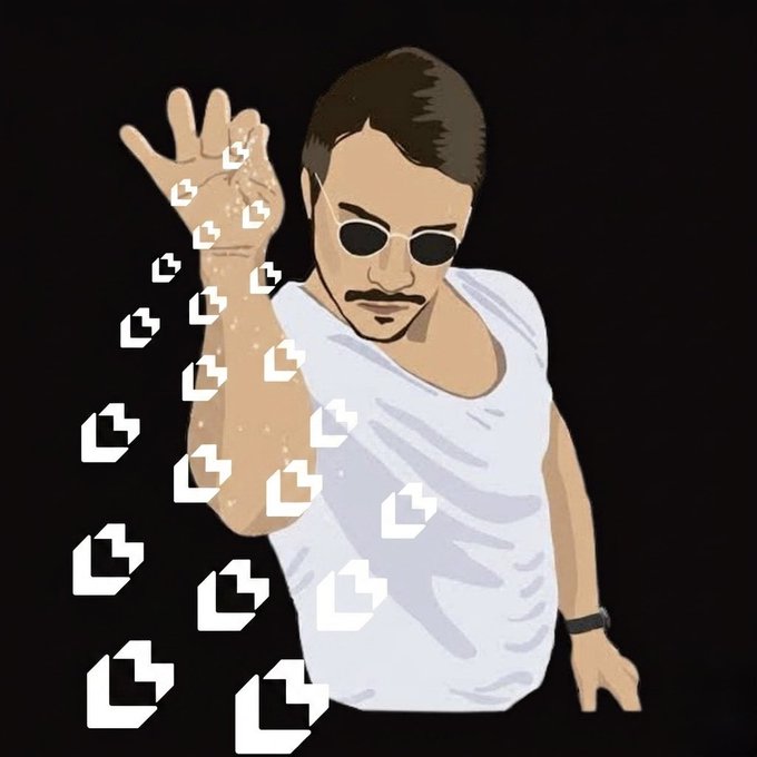 The image features a man with sunglasses, a mustache, and a white t-shirt holding up his hand over his head as if he's salting something. The background of the image is black, which contrasts with the white elements in the scene. There are numerous small white shapes scattered throughout the image, possibly representing hearts or other symbols related to the post. These shapes appear to be floating around the man and the objects on his shirt, creating a sense of movement and energy within the composition.