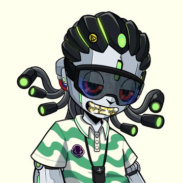 An illustrated character wears a metallic headpiece with glowing green tubes, red eyes, gold teeth, and a green and white striped shirt.