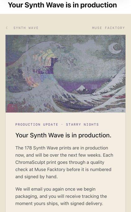 A mobile screenshot of a 'Synth Wave' production update from 'Muse Facktory', stating 'Your Synth Wave is in production' alongside an image resembling Van Gogh's 'Starry Night' over a wave.