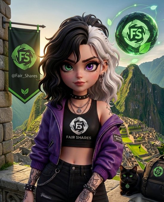 An illustrated character with black and white hair wears a 'FAIR SHARES' crop top and purple jacket, alongside 'FS' logos and '@Fair_Shares' text, with a black cat nearby.
