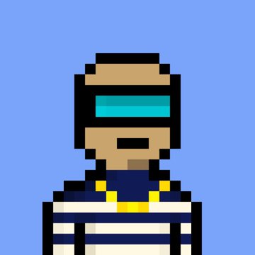 Pixel art style illustration of a character wearing a striped prison uniform and a green visor/helmet against a blue background.