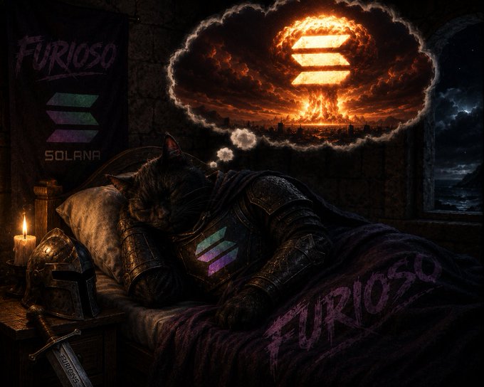 The image features a cat sleeping peacefully on a bed, with a banner that says "Solana" above its head. The cat appears to be wearing armor, which adds an element of fantasy to the scene. The background shows a dramatic explosion, likely representing a fictional event or concept related to the Solana cryptocurrency. The caption below the image reads: "I'd rather witness a Solana explosion of innovation and growth today than spend tomorrow wondering what could have been".