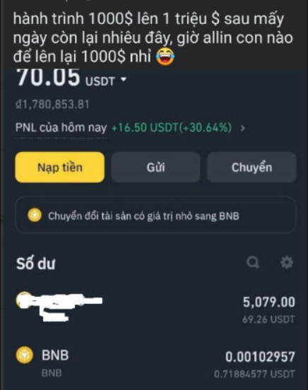 A screenshot of a crypto wallet app displaying a balance of 70.05 USDT and an asset balance of 5,079.00, with Vietnamese text about a trading journey and buttons for "Nạp tiến" (deposit) and "Chuyển" (transfer).