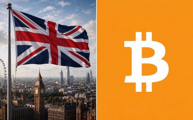 A split image showing the Union Jack flag of the United Kingdom flying over the London skyline (featuring Big Ben) on the left, and the white Bitcoin logo on an orange background on the right.