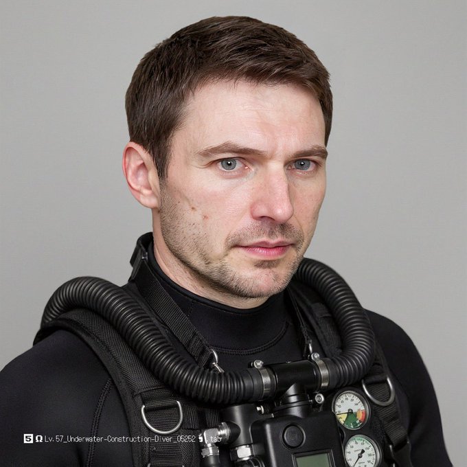 A portrait of a man wearing a black wetsuit and diving equipment, with the text 'Lv. 57_Underwater-Construction-Diver_05652_S1.jpg' in the corner.