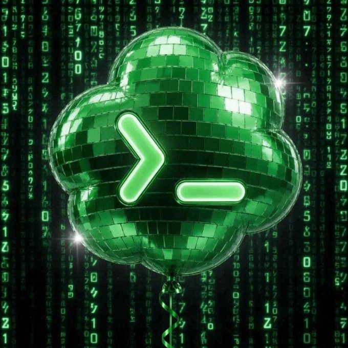 A green disco ball featuring a command-line prompt (>) and underscore symbol, set against a digital matrix-style background of falling code.