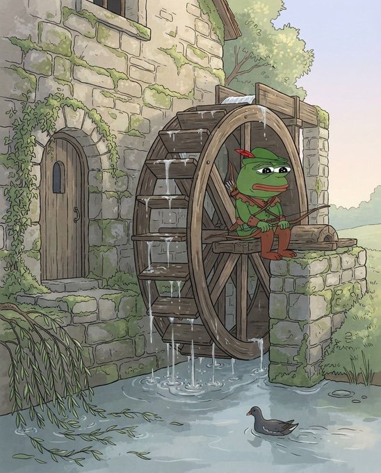 An illustration depicts Pepe fishing while sitting on a stone wall next to a wooden water wheel at a mossy building, with a duck swimming below.