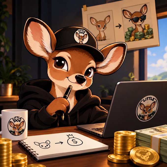 Digital illustration of a cartoon deer character wearing a 'Little Doe' cap and hoodie, holding a pen at a desk with a laptop and coffee mug, surrounded by 'LITTLE' branded coins and cash, suggesting a mascot for a cryptocurrency project.