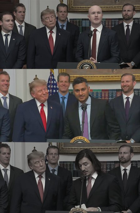 In these three images, Donald Trump is pictured with different groups of men, including what appears to be a "spot the difference" game highlighting subtle changes in the surrounding individuals and Trump's expressions.
