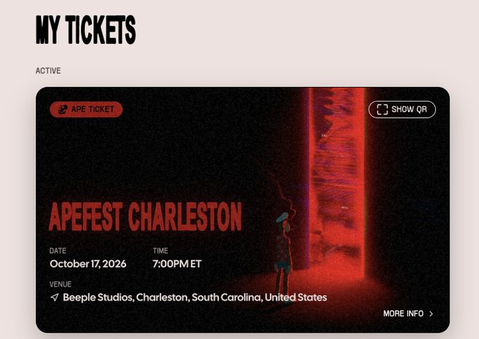 Digital ticket display for "APEFEST CHARLESTON" on October 17, 2026 at 7:00 PM ET, located at Beeple Studios in Charleston, South Carolina.