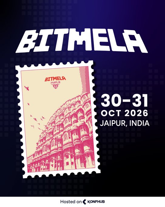A promotional poster for 'BITMELA JAIPUR' featuring a stamp-style illustration of the Hawa Mahal palace, announcing an event on 30-31 OCT 2026 in Jaipur, India, hosted on KonfHub.