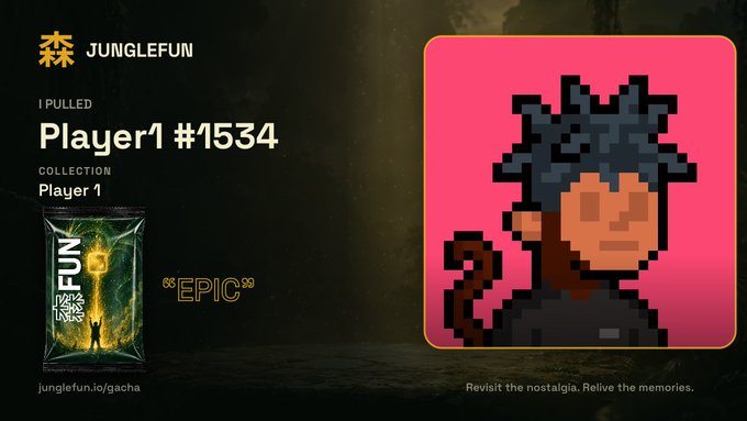A 'JUNGLEFUN' gacha pull screen showing 'Player1 #1534' as an 'EPIC' rarity item, featuring a pixel art character with a red mark on their face against a pink background, with the tagline 'Revisit the nostalgia. Relive the memories.'