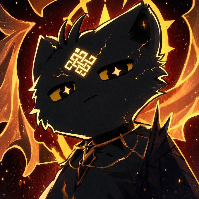 A stylized black cat-like character with golden, star-shaped eyes and an intricate golden symbol on its forehead stands against a fiery orange and black cosmic background, its dark form traced with glowing golden cracks and ethereal flame-like wings. The image visually reinforces the post's theme of AI's transformation into autonomous entities, with the mystical, otherworldly creature serving as a symbolic representation of an evolving AI agent—powerful, sentient, and emerging from a chaotic digital frontier.