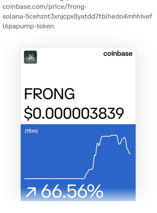 A screenshot from coinbase.com showing the FRONG token priced at $0.0000003839 with a 66.56% increase over 15 minutes, displayed as a line chart.