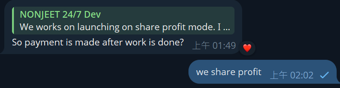 Discord/Telegram chat screenshot from NONJEET 24/7 Dev discussing launching on share profit mode, with messages reading 'So payment is made after work is done?' and 'we share profit' with timestamps 01:49 and 02:02.