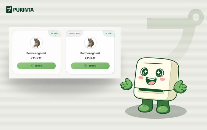 A digital interface for Purinta platform showing 'Borrow against CASHCAT' options with a cartoon green and white mascot character giving a thumbs up.