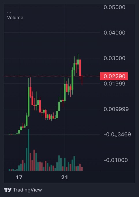 A TradingView candlestick chart shows a cryptocurrency (likely $Jimothy) experiencing a sharp rally from around 0.01 to a peak near 0.03 before pulling back to a highlighted price of 0.02290, consistent with the post's claim of a new all-time high.