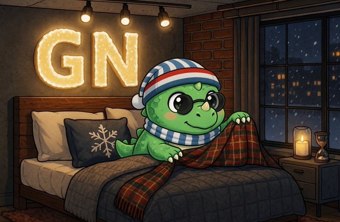 A cartoon green dinosaur wearing a striped winter hat and scarf peeks out from under a plaid blanket on a bed, with illuminated "GN" marquee letters glowing on the wall behind it.