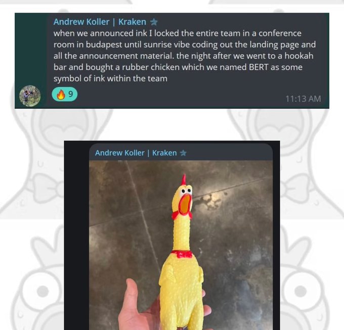 A message from 'Andrew Koller | Kraken' explaining how his team locked themselves in a conference room in Budapest to code, and bought a rubber chicken they named BERT, accompanied by a photo of the yellow rubber chicken.