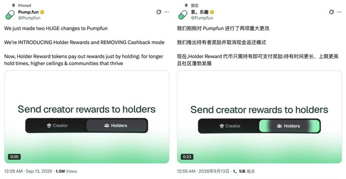 The image shows a pinned post from the @Pumpfun account on X (formerly Twitter), displayed in both English and Chinese, announcing two major changes: the introduction of "Holder Rewards" and the removal of "Cashback mode." The post features a graphic with the text "Send creator rewards to holders" and a toggle switching from "Creator" to "Holders," posted on Sep 13, 2026, with 1.5M views in English and 5K views in Chinese, suggesting Pumpfun is responding to competitive pressure.