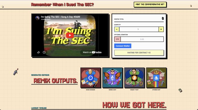 The image shows an old web page with yellow, beige, and red colors. On this webpage, there are several pictures of men wearing hats and ties, which appear to represent various cryptocurrencies like Bitcoin and Litecoin. Below these images, there is text that says "REMEMBER WHEN I SUED THE SEC???? Almost exactly 2 years ago, I sued the SEC on behalf of all NFT creators. My goal was to sing my song ?". This message appears to be related to the content displayed on the page.