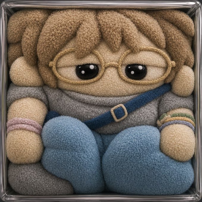 A plush, fuzzy-textured stuffed doll of a character with brown hair, round glasses, and a blue outfit sits inside a metal frame.