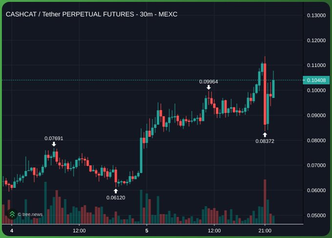 A 30-minute candlestick chart of CASHCAT/USDT perpetual futures on MEXC shows the token's price rallying from $0.06120 to a recent high of $0.09964, with a sharp rejection near $0.11 dropping to $0.08372 before recovering to $0.10408. This visualizes the strong bullish momentum referenced in the post, highlighting the surge from $0.044 to $0.097 and notable volatility around the $100M market cap level where a whale accumulated 1% of supply.