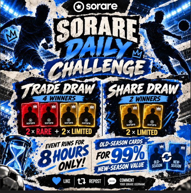 A promotional graphic for a "Sorare Daily Challenge" featuring trade and share draw prizes with limited edition cards, event running for 8 hours.