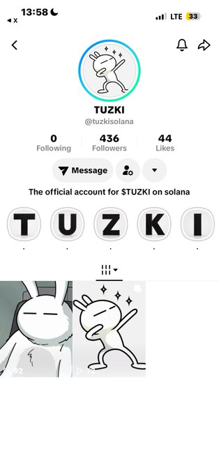 A TikTok profile screenshot for the account 'TUZKI' (@tuzkisolana) showing 436 followers, 44 likes, and the bio 'The official account for $TUZKI on solana' with letter tiles spelling 'TUZKI' below.