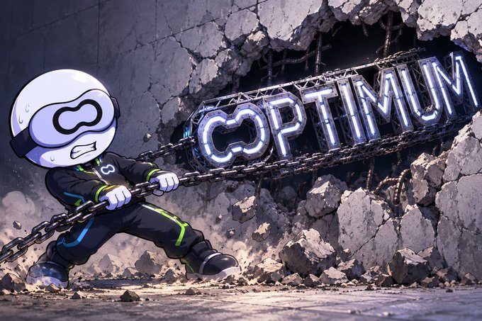 An artistic illustration of a white cartoon character with a logo face pulling on chains that are attached to a large 'OPTIMUN' sign breaking through a concrete wall.